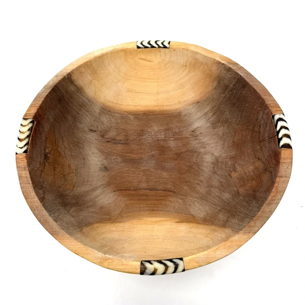 Hand Carved Wooden Bowl with Zebra Pattern Bone Inlay Tribal Boho Decor 11.5 x3